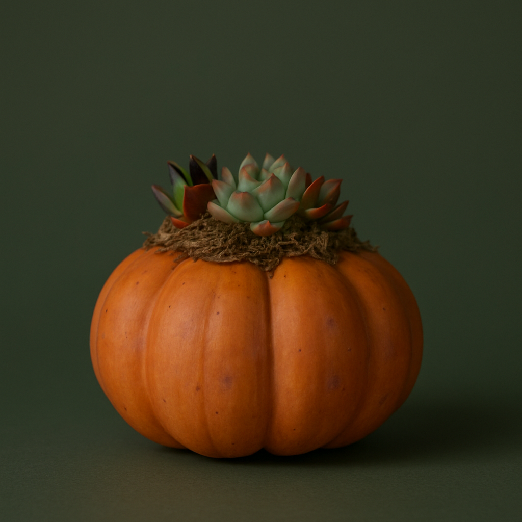 Pumpkin with a succulent on a dark green background