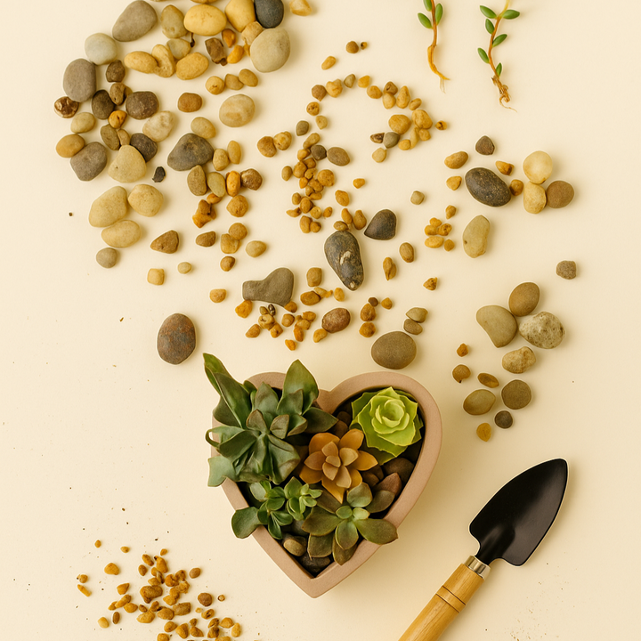 Heart-shaped pot with succulents, surrounded by stones and seeds on a beige background