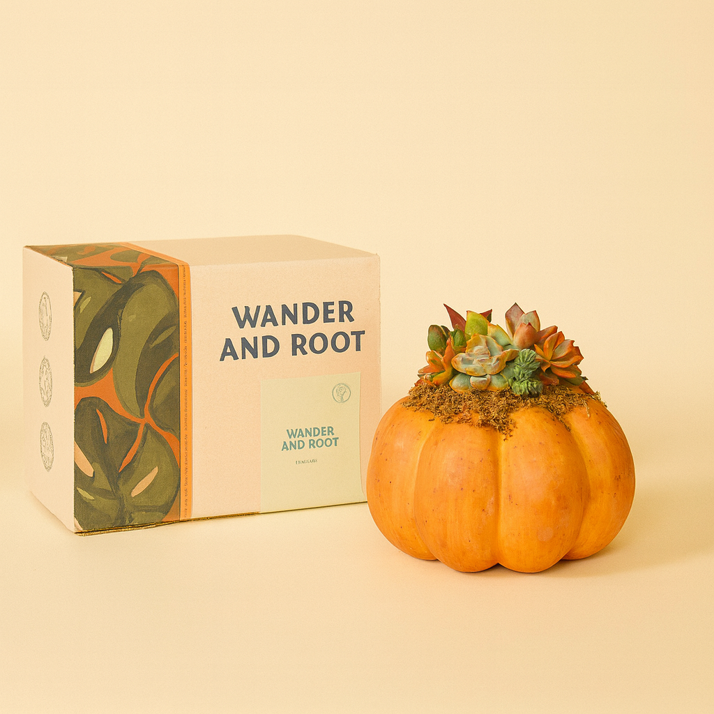Pumpkin with succulents next to a box labeled &
