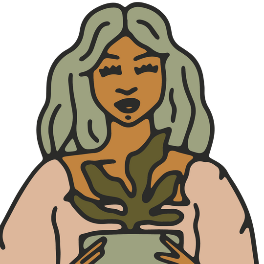 Illustration of a person holding a potted plant on a white background